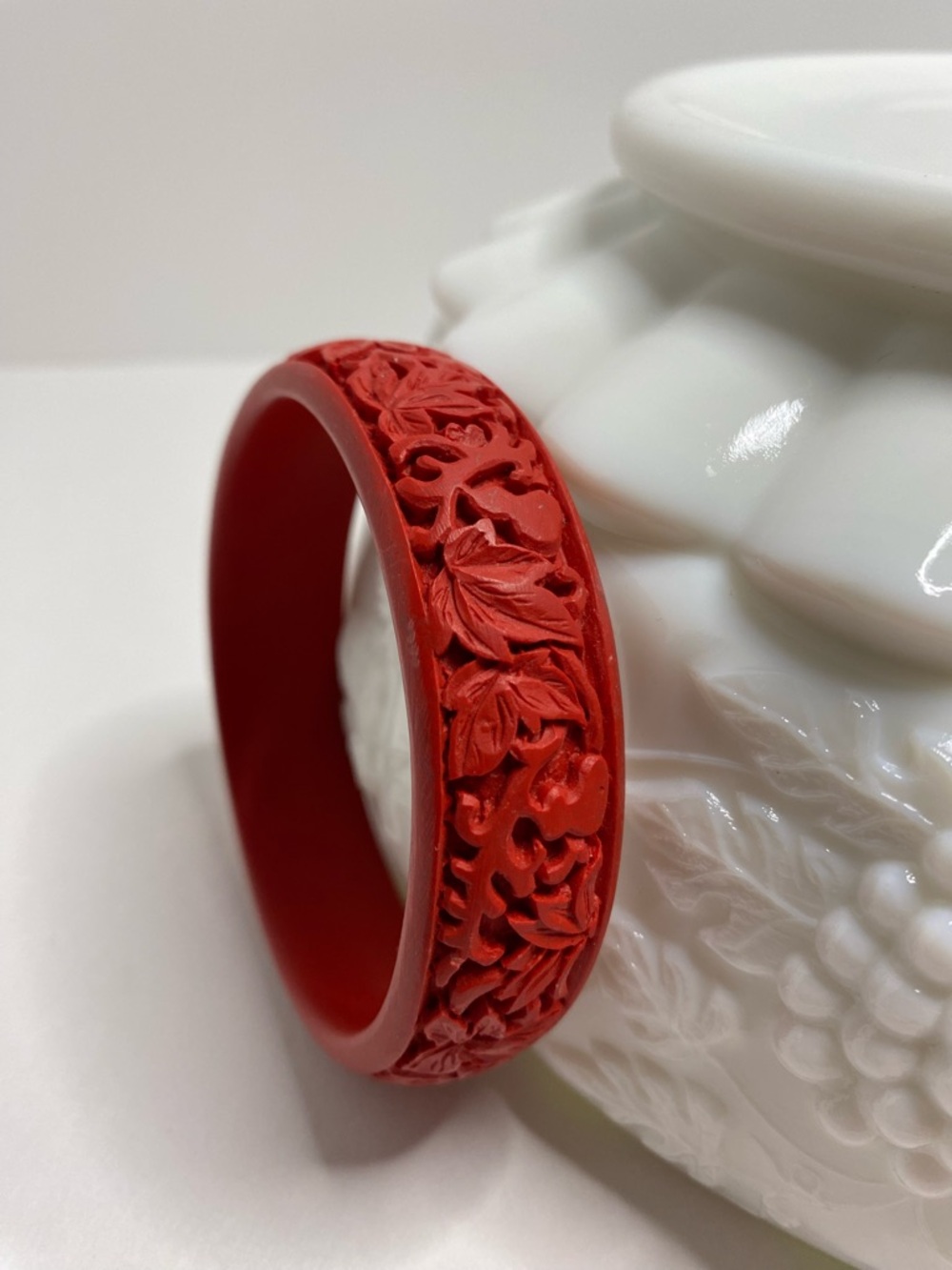 Vintage Chinese Carved Red Cinnabar Bangle Bracelet Leaf Matt Lacquer